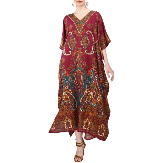 Miss Lavish London Kaftan Tunic Kimono Dress Ladies Summer Women Evening Maxi Party Plus Size 3X-Large, Maroon