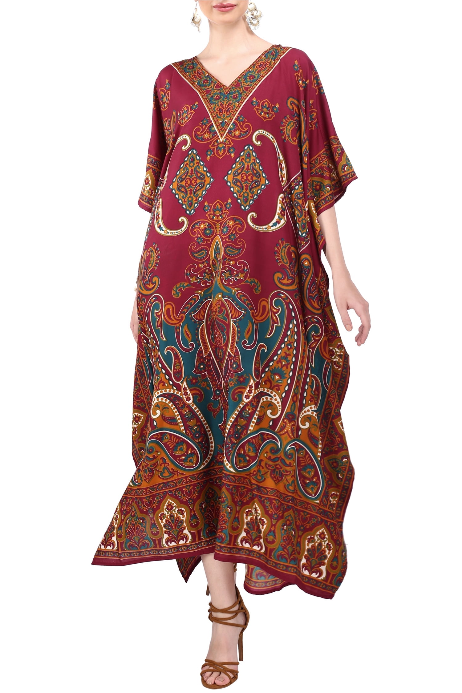 Caftano Da Spiaggia Miss Lavish London – Vestito Lungo Con Ricami E Pietre – Colori Blu, Marrone, Turchese – Taglie Forti