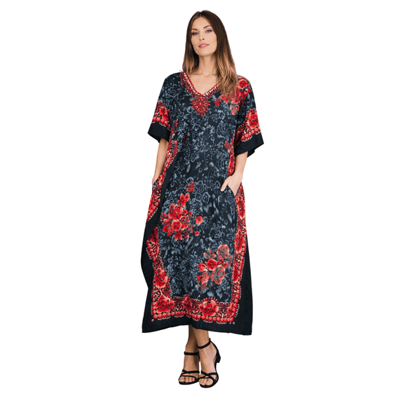 Miss Lavish London Kaftan Dresses for Women,Beach Kaftan Coverups,Hawaiian Coverups for Women,Long Beach & Swimsuit Coverups,Plus Size African Caftan Dress,Moroccan Style Loungewear Black 2XL