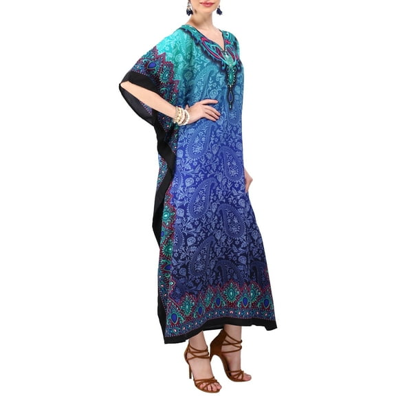 Miss Lavish London Women’s Kaftan Maxi Dress – Free Size Kimono, Lightweight Summer Dress for Loungewear, Resort & Holidays – One Size (103-Blue)