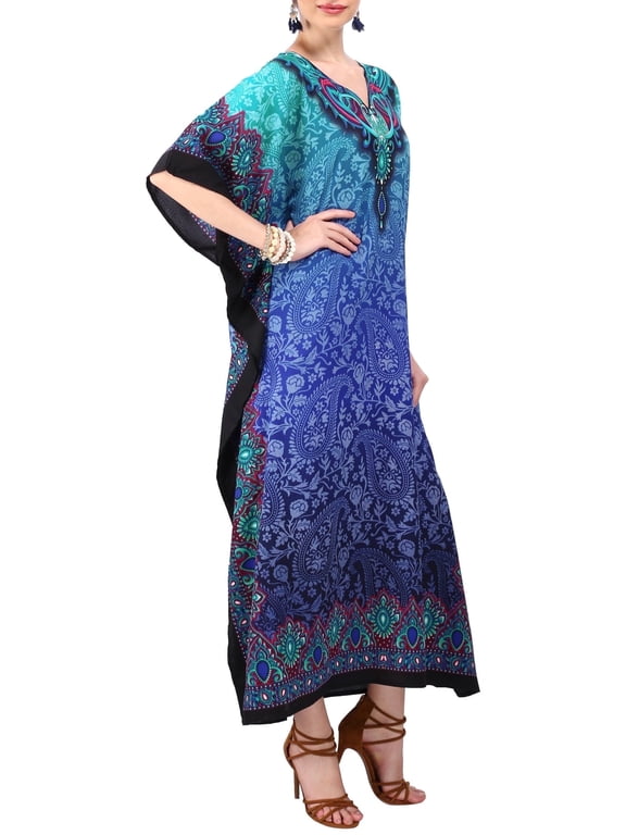 London Women’s Paisley Floral Print Polyester Kaftan Dress with V Neck & Pockets (S–3XL)