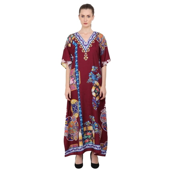 Miss Lavish London Women’s Floral Ethnic Polyester Kaftan Dress with V Neck & Side Slits- Maroon, 3XL