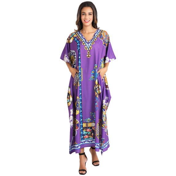 Miss Lavish London Kaftans for Women Casual Ladies Long Kimono Maxi Style Dress in One Size, Purple