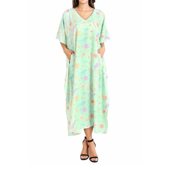 Miss Lavish London Kaftan Dresses for Women,Beach Kaftan Coverups,,Long Beach & Swimsuit Coverups,Plus Size African Caftan Dress,Moroccan Style Loungewear Healing Floral Olive Green M