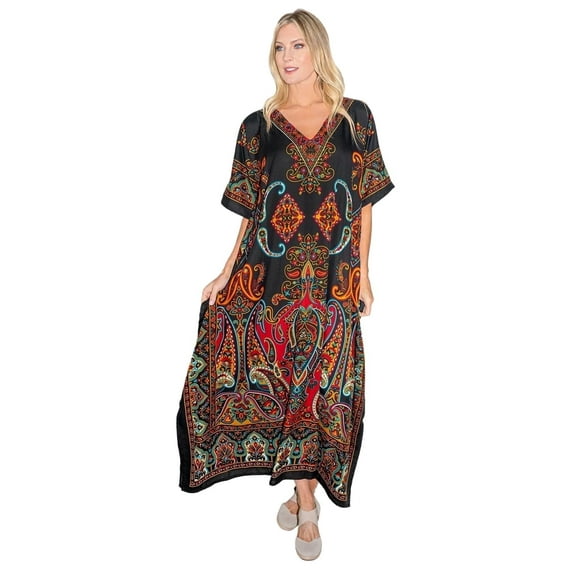 Miss Lavish London Women’s Long Kaftan Dress – Plus Size Maxi Caftan, Full-Length Beach Cover Up, Boho Resort Wear, Modest Summer Dress for Vacation & Lounge-Black,3XL