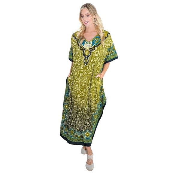 Miss Lavish London Women’s Long Kaftan Dress – Plus Size Maxi Caftan, Full-Length Beach Cover Up, Boho Resort Wear, Modest Summer Dress for Vacation & Lounge-Green,3XL