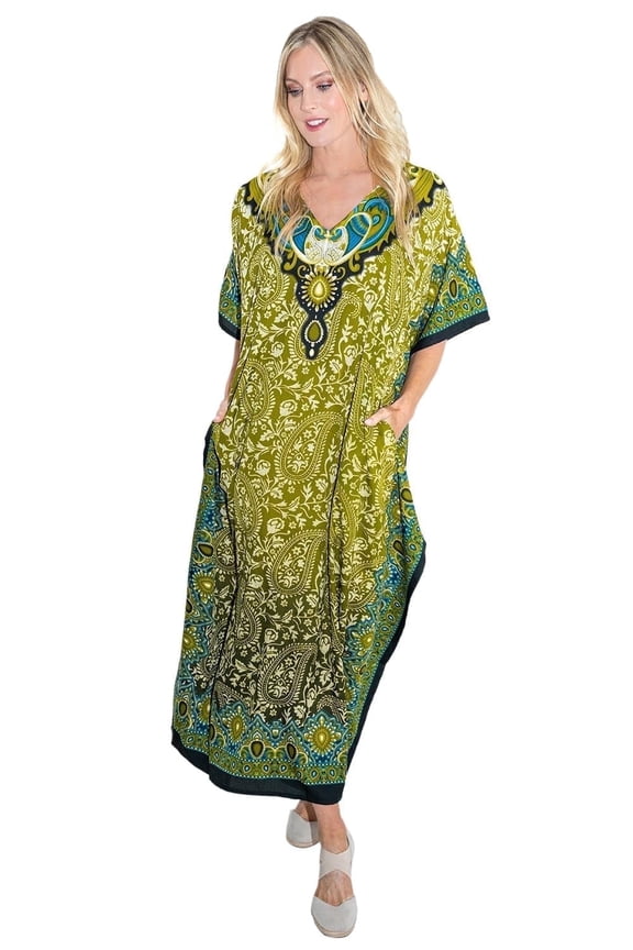 London Women’s Paisley Floral Print Polyester Kaftan Dress with V Neck & Pockets (S–3XL)