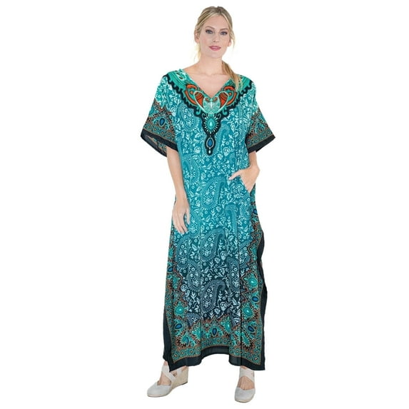 Miss Lavish Green Elegant Kaftan Dresses for Women - Versatile Beach Coverups Plus Size African Dubai & Moroccan Kaftans - Ideal for Loungewear & Swimwear Modern Caftans Long Dresses -XL