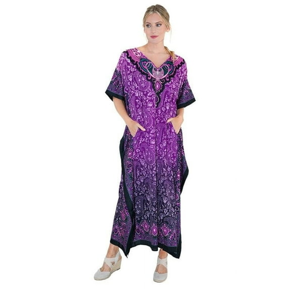 Miss Lavish London Kaftan Dresses for Women,Beach Kaftan Coverups,Hawaiian Coverups for Women,Long Beach & Swimsuit Coverups,Plus Size African Caftan Dress, Moroccan Style Women Loungewear Purple XXL