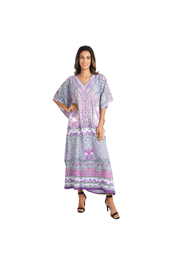London Women’s Leafy Peacock Polyester Kaftan Dress with V Neck & Side Slits- Purple, 3XL