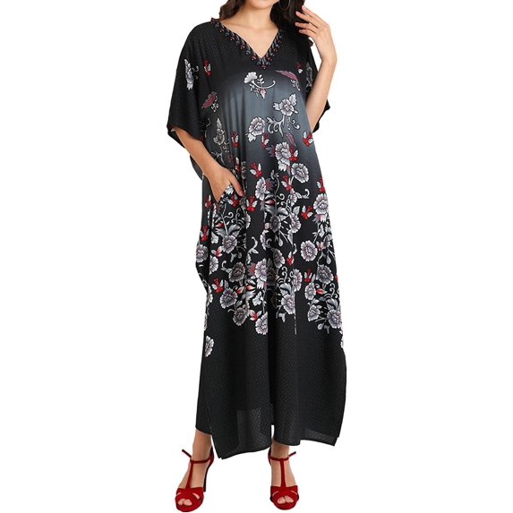Miss Lavish London Kaftan Dresses for Women,Beach Kaftan Coverups,Hawaiian Coverups for Women,Long Beach & Swimsuit Coverups,Plus Size African Caftan Dress,Moroccan Style Loungewear Black XL