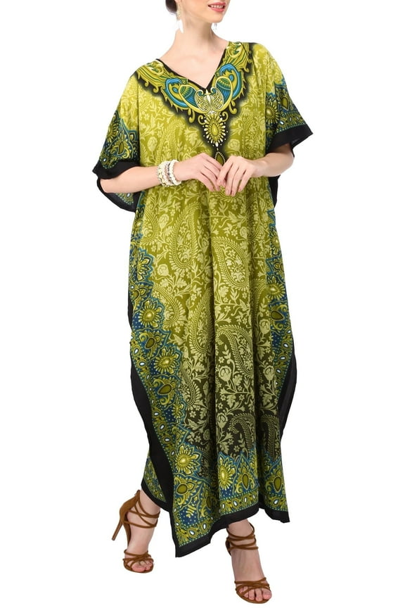 London Women’s Kaftan Maxi Dress – Free Size Kimono, Lightweight Summer Dress for Loungewear, Resort & Holidays – One Size (103-Green)