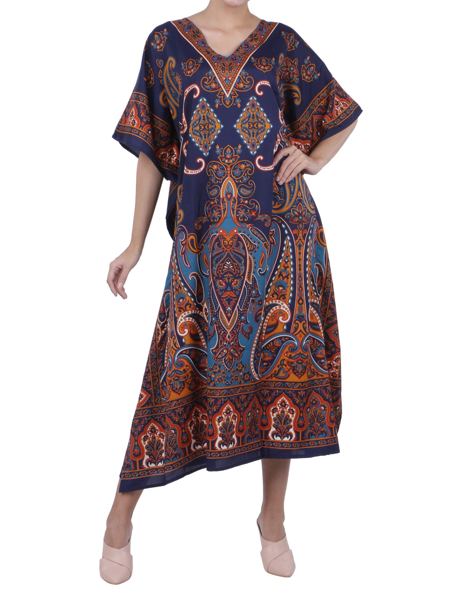 Blue Paisley Polyester Kimono Sleeve Kaftan For Plus Size Women