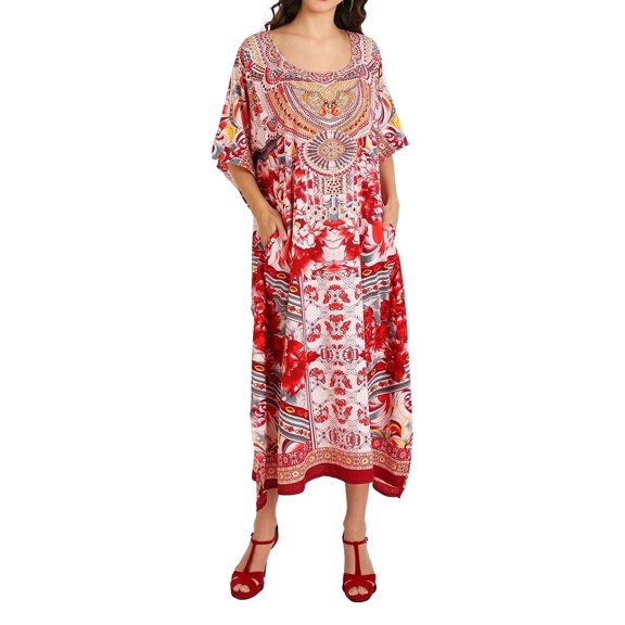 Miss Lavish London Kaftan Dresses for Women,Beach Kaftan Coverups,Hawaiian Coverups for Women,Long Beach & Swimsuit Coverups,Plus Size African Caftan Dress,Moroccan Style Loungewear Red XL