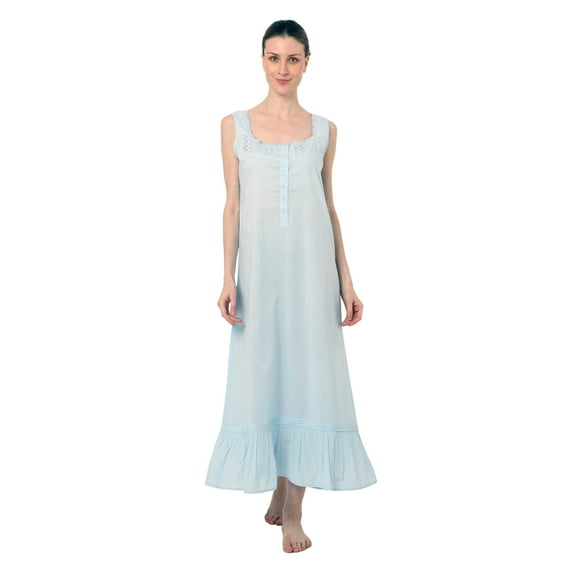 Miss Lavish London Victorian Style Nightgown Sleeveless Long Sleepwear Women Cotton Plus Size Vintage Nightdress Blue, 10