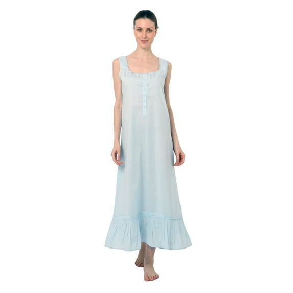 Miss Lavish London Victorian Style Nightgown Sleeveless Long Sleepwear Women Cotton Plus Size Vintage Nightdress Blue 14