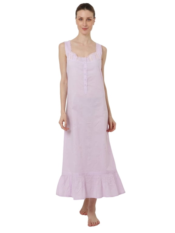London Victorian Style Nightgown Sleeveless Long Sleepwear Women Cotton Plus Size Vintage Nightdress, Purple 18