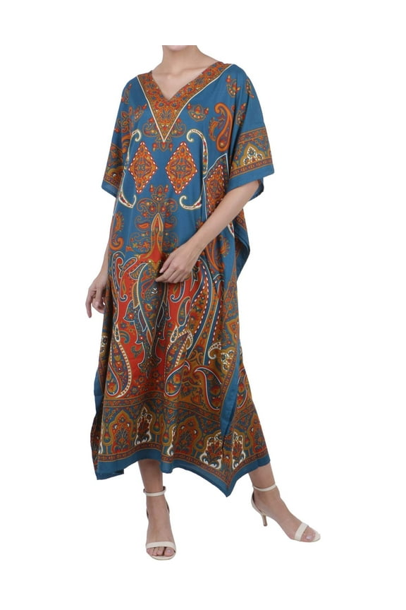 London Women Kaftan Tunic Kimono Free Size Long Maxi Party Dress for Loungewear Holidays Nightwear Dresses, One Size, Teal