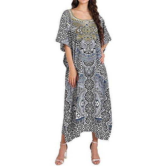 Miss Lavish London Kaftan Dresses for Women,Beach Kaftan Coverups,Hawaiian Coverups for Women,Long Beach & Swimsuit Coverups,Plus Size African Caftan Dress,Moroccan Style Loungewear Black S