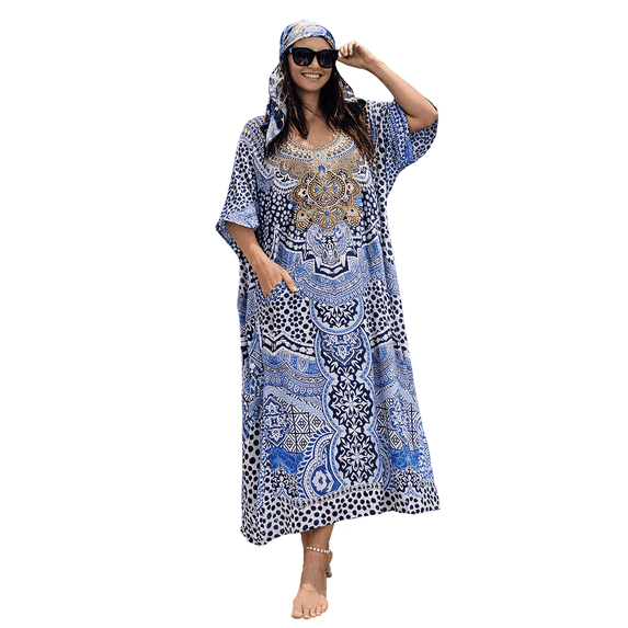 Miss Lavish London Elegant Blue Kaftan Dresses for Women - Versatile Beach Coverups, Plus Size African Dubai & Moroccan Kaftans - Ideal for Loungewear & Swimwear Modern Caftans Long Dresses, Large