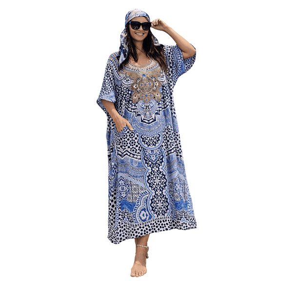 Miss Lavish London Ethnic Women’s Polyester Kaftan Dress with V Neck & Side Slits- M