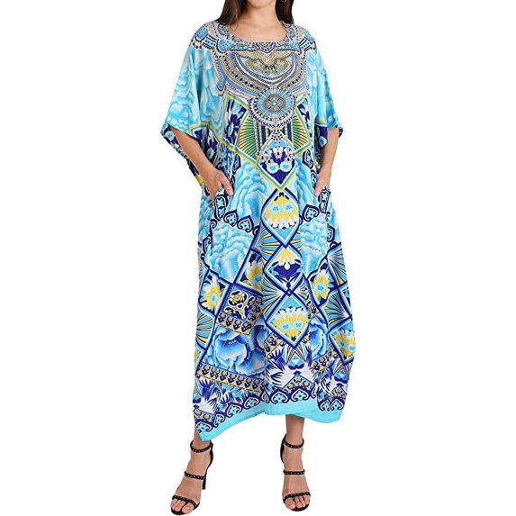 Miss Lavish London Kaftan Dresses for Women,Beach Kaftan Coverups,Hawaiian Coverups for Women,Long Beach & Swimsuit Coverups,Plus Size African Caftan Dress,Moroccan Style Loungewear Blue S