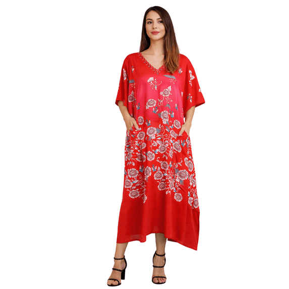 Miss Lavish London Women's Kaftan Dress – Plus Size Kaftan Dresses, Long Full-Length Beach Cover Up – Bohemian Holiday Wear, Modest Caftan Style, Summer Kaftans for Beach & Resort- Red, M (K-134)
