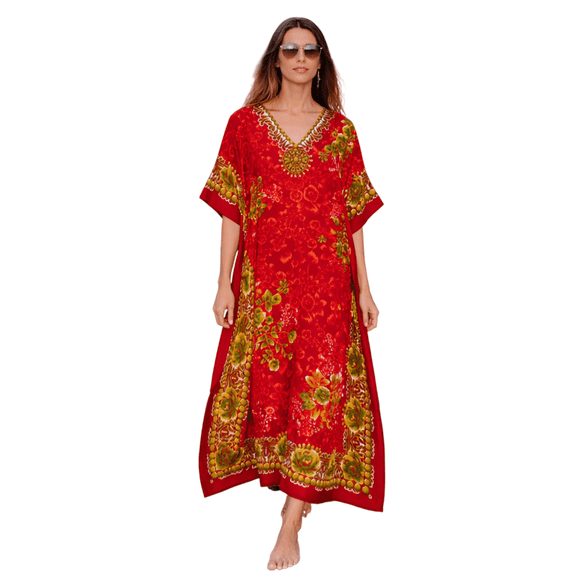 Miss Lavish London Kaftan Dresses for Women,Beach Kaftan Coverups,Hawaiian Coverups for Women,Long Beach & Swimsuit Coverups,Plus Size African Caftan Dress,Moroccan Style Loungewear Red M