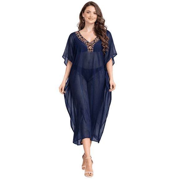 Miss Lavish London Women’s Sheer Polyester Kaftan Beach Swimsuit Cover Up with Artisan V Neck- Navy, 2XL