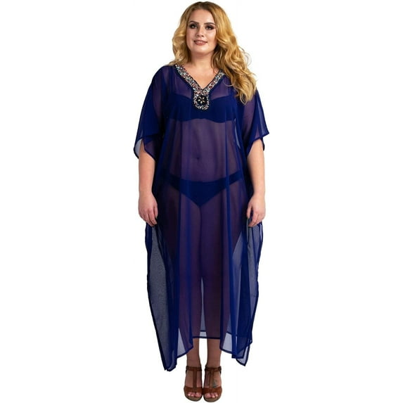 Miss Lavish London Women Ladies Hand Embroidered Caftans Beach Cover Ups Kimono Dress – Kaftan Style Maxi Dresses – 139 Navy Color - Size UK 18-22