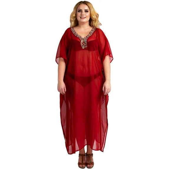 Miss Lavish London Women Ladies Hand Embroidered Caftans Beach Cover Ups Kimono Dress – Kaftan Style Maxi Dresses – 139 Red Color - Size UK 10 - 16