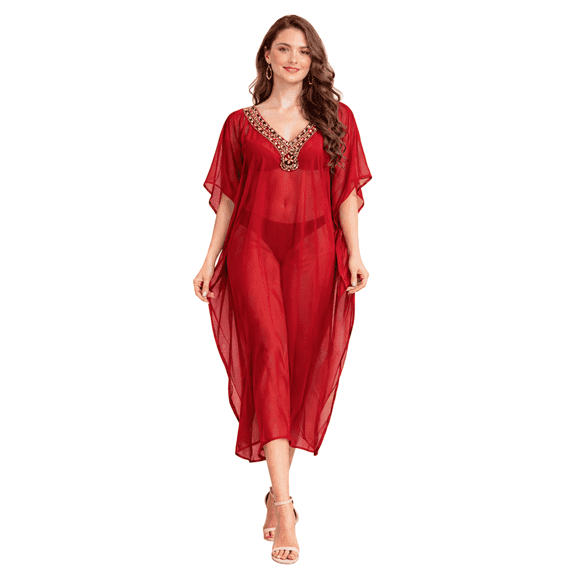 Miss Lavish London Women Ladies Hand Embroidered Caftans Beach Cover Ups Kimono Dress – Kaftan Style Maxi Dresses – 139 Red Color - Size UK 10 - 16