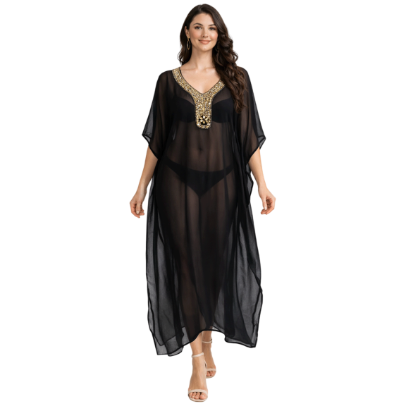 Miss Lavish London Women Ladies Hand Embroidered Caftans Beach Cover Ups Kimono Dress – Kaftan Style Maxi Dresses – 140 Black Color - Size UK 18-22