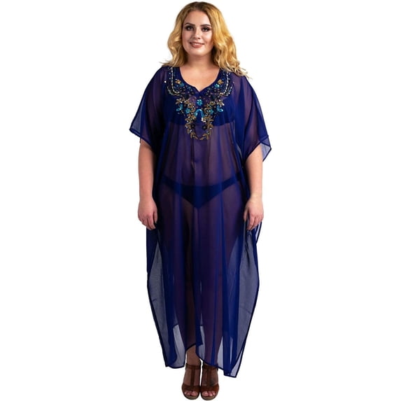 Miss Lavish London Women Ladies Hand Embroidered Caftans Beach Cover Ups Kimono Dress – Kaftan Style Maxi Dresses – 141 Navy Color - Size UK 24-28