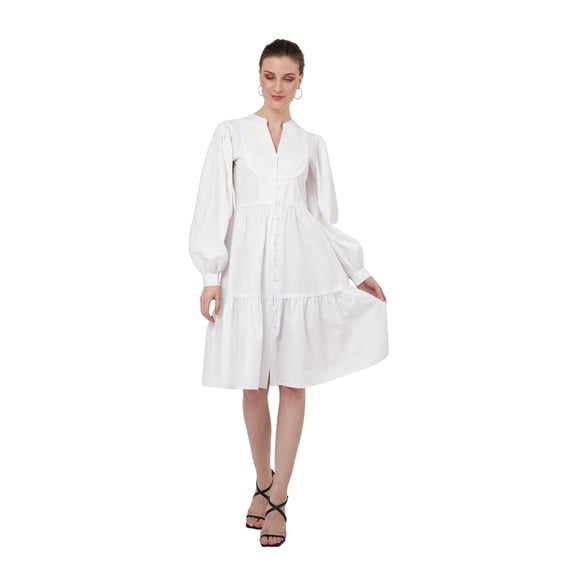 Miss Lavish London Women's Casual Dresses Tonal Embroidery, Lace Inserts And Centre Front Button Opening With Peasant Sleeves Tiered Dresses for Women - Off White, XXL