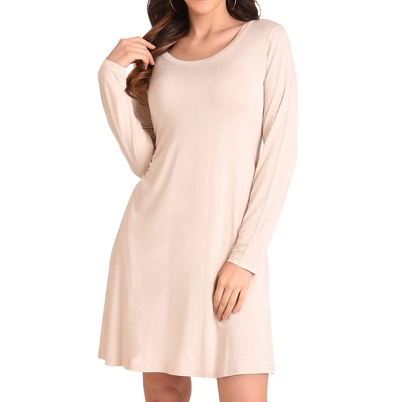 Miss Lavish London Women's Long Sleeve Dress - Round Neck Casual Loose Fit Swing T-Shirt Dress with Pockets Beige-M