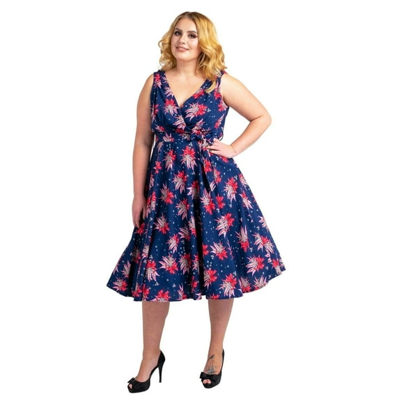 Miss Lavish London Women's Retro Navy Butterfly Swing Dress, 1950s Rockabilly Swing Dress, Vintage Midi Dress