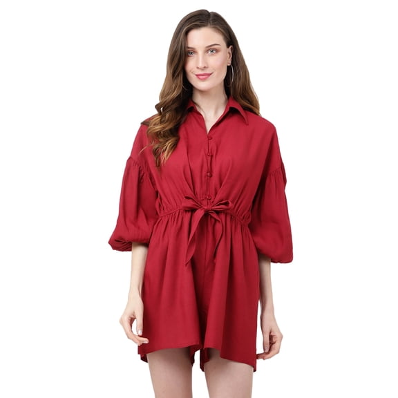 Miss Lavish London Womens Jumpsuits Dress Drop Shoulder Gathered Sleeves And Tie-up Detail In The Front Rompers for Women Summer - Wine Red, Large