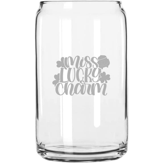 Miss Lucky Charm St Patrick's Day Etched 16oz Libbey Can Glass