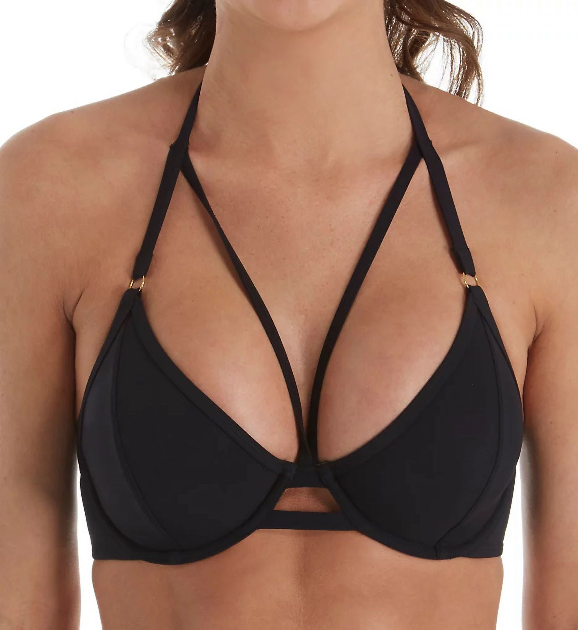 MISS MANDALAY BLACK Icon Halter Strappy Bikini Top, US 32F, UK 32E, NWOT