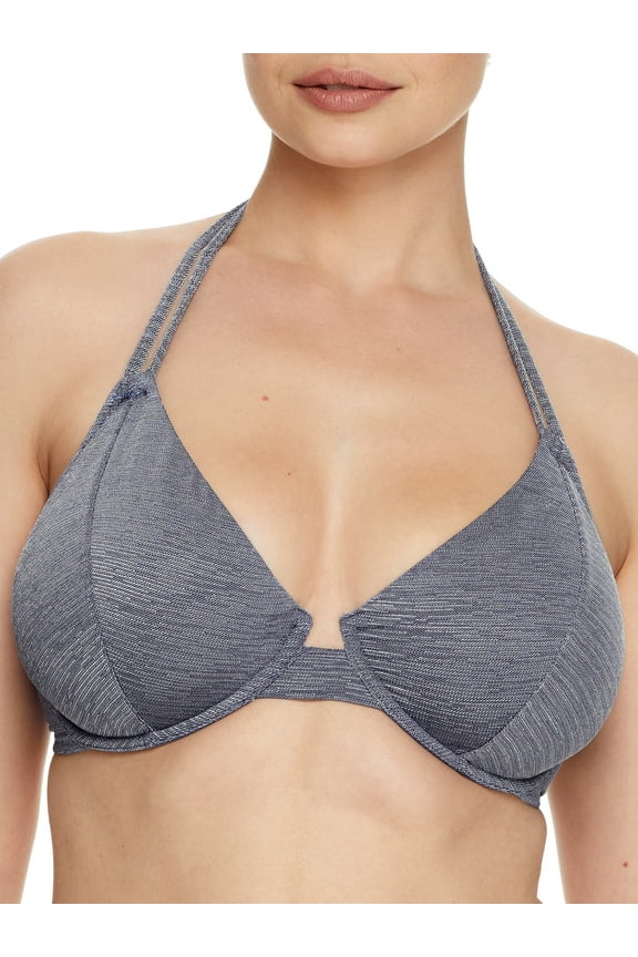 BLUE SILVER Denim Lurex Halter Bikini Swim Top, US 36D, UK 36D