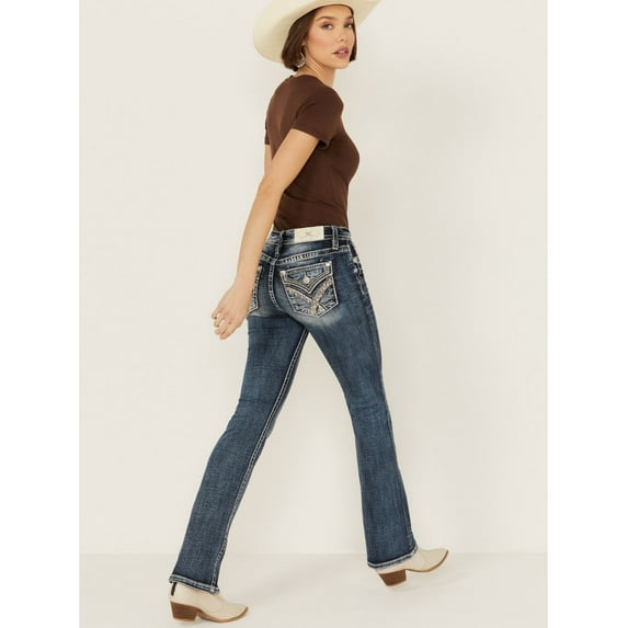 Miss Me Women's Dark Wash Embellished Flap Pocket Mid Rise Bootcut Stretch Denim - M3444B107S 29W x 30L