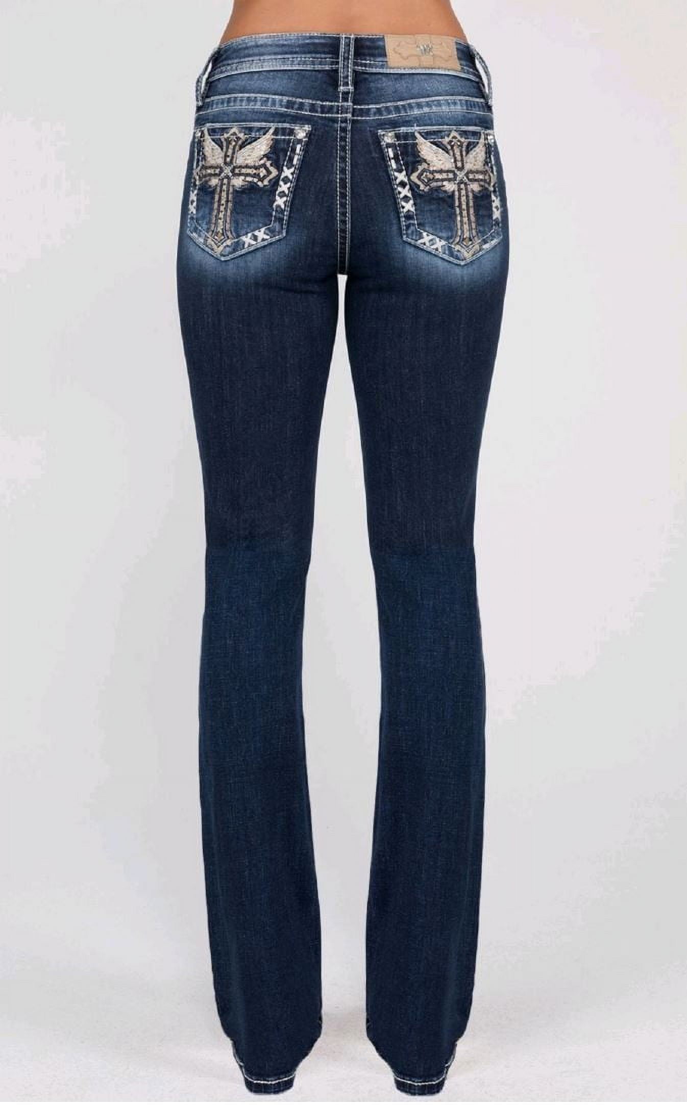 Miss Me Women s Dark Wash Mid Rise Angel Wing Cross Pocket Bootcut Stretch Denim M9255B 25W x 34L Walmart