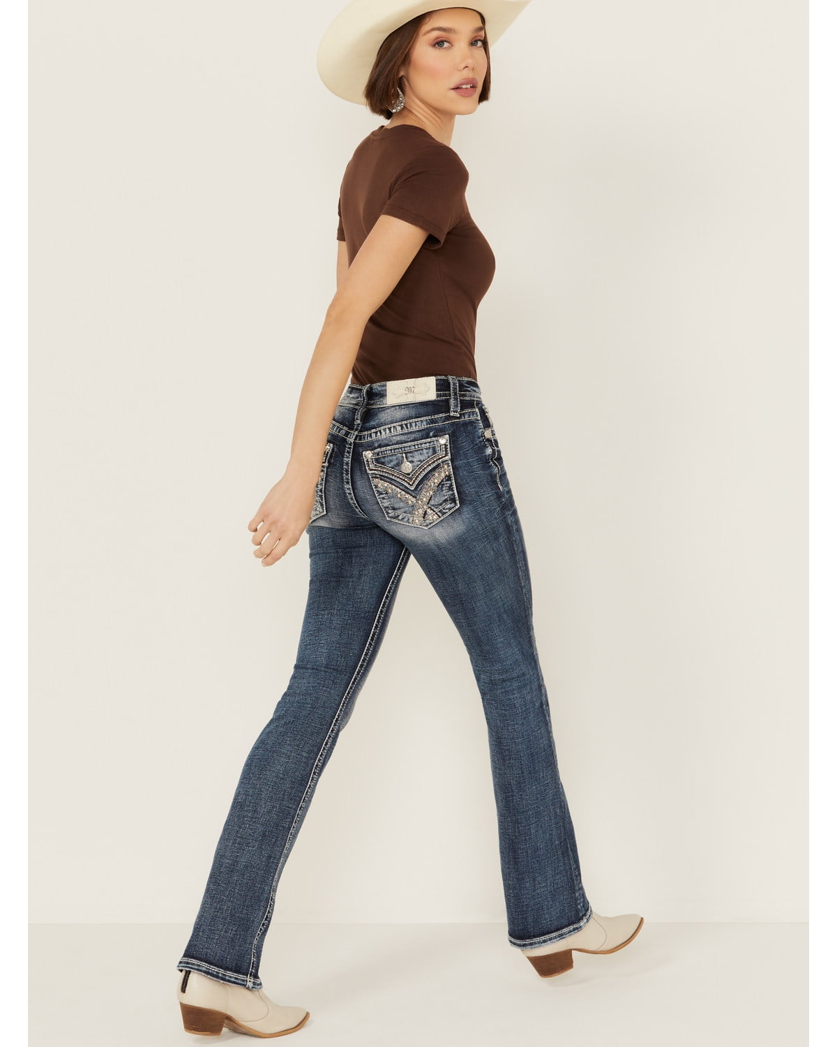 Miss Me Women's Albus Faux Flap Pocket Bootcut Jeans - Mid-Rise, Medium Wash, Embroidered Wing Design, 100% Cotton