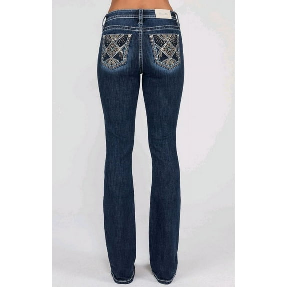 Miss Me Women's Dark Wash Mid Rise Patchwork Pocket Bootcut Stretch Denim Jeans - M9250B 30W x 34L