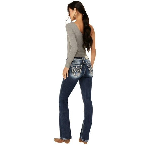 Miss Me Women's Dark Wash Mid Rise Wing Flap Bootcut Stretch Denim Jeans - M5082B145 34W x 34L