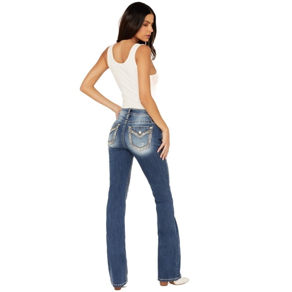 Miss Me Women's Medium Wash Mid Rise Border Flap Bootcut Stretch Denim Jeans - M9235BV 30W x 32L