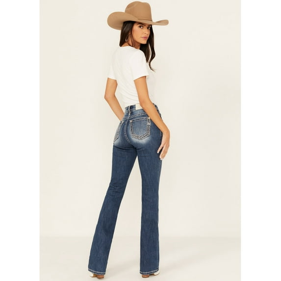 Miss Me Women's Medium Wash Mid Rise Border Stitch Bootcut Stretch Denim Jeans - M5012B65 28W x 34L