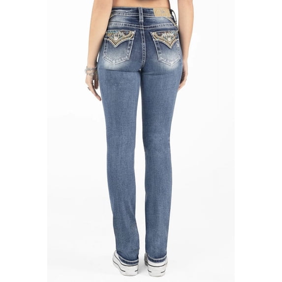 Miss Me Women's Medium Wash Mid Rise Geo Pocket Slim Stretch Bootcut Jeans - M9224SB 29W x 34L