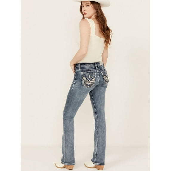 Miss Me Women's Medium Wash Wing Pocket Mid Rise Bootcut Stretch Denim Jeans - M3080B57S 27W x 30L